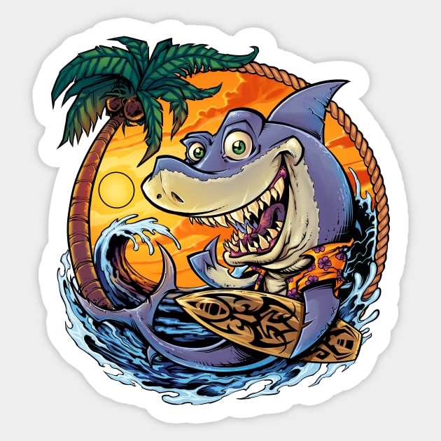 Shark with Surfboard Sticker by FlylandDesigns